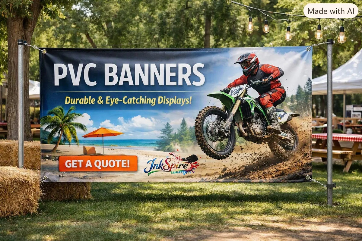 Large outdoor PVC banner mounted at an event
